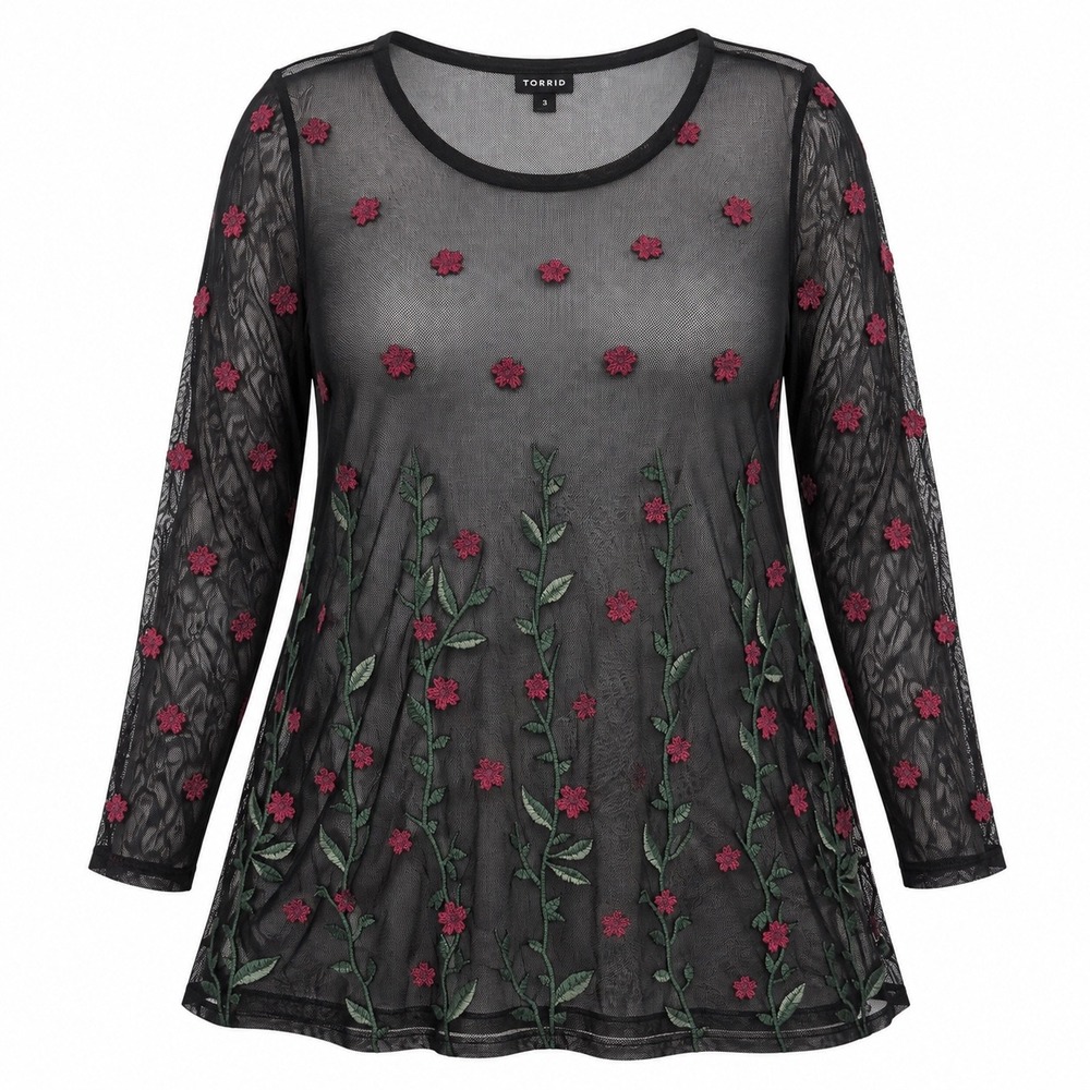 Torrid Floral Embroidered Sheer Mesh Long Sleeve Top Womens Plus 3 3X Fairycore